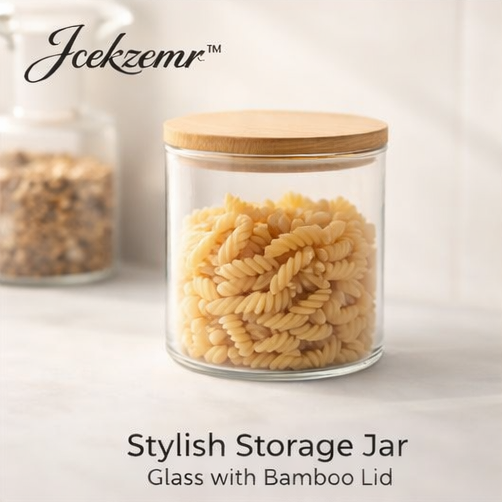 Jcekzemr™ Stylish Storage Jar – Glass with Bamboo Lid
